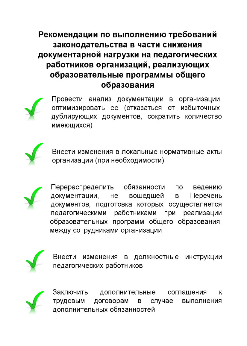 Рекомендации по выполнению требований законодательства в части снижения документарной нагрузки на педагогических работников организаций, реализующих образовательные программы общего образования Рекомендации по выполнению требований законодательства в части снижения документарной нагрузки на педагогических работников организаций, реализующих образовательные программы общего образования